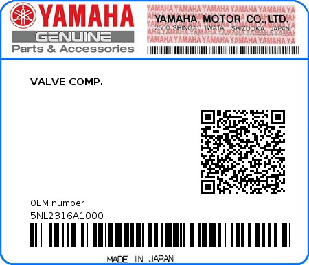 Product image: Yamaha - 5NL2316A1000 - VALVE COMP.  0