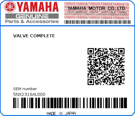 Product image: Yamaha - 5NX2316AL000 - VALVE COMPLETE  