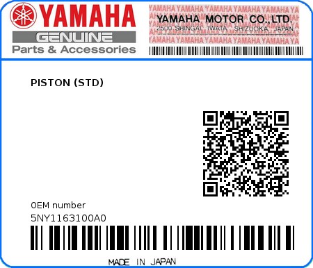 Product image: Yamaha - 5NY1163100A0 - PISTON (STD) 