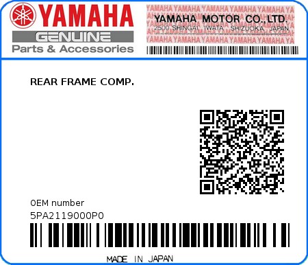 Product image: Yamaha - 5PA2119000P0 - REAR FRAME COMP. 