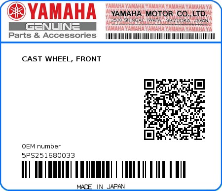 Product image: Yamaha - 5PS251680033 - CAST WHEEL, FRONT  0