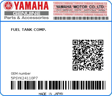 Product image: Yamaha - 5PSYK24110P7 - FUEL TANK COMP. 