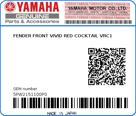 Product image: Yamaha - 5PW2151100P0 - FENDER FRONT VIVID RED COCKTAIL VRC1 