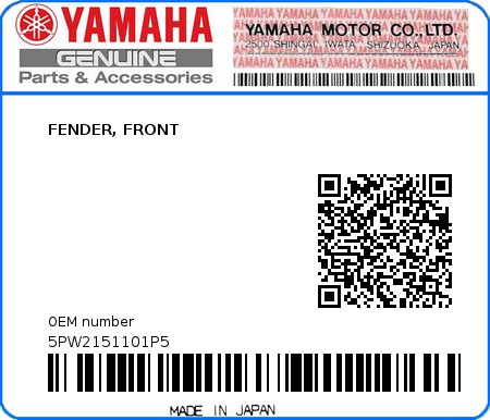 Product image: Yamaha - 5PW2151101P5 - FENDER, FRONT  0