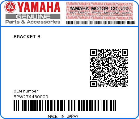 Product image: Yamaha - 5PW274430000 - BRACKET 3  0