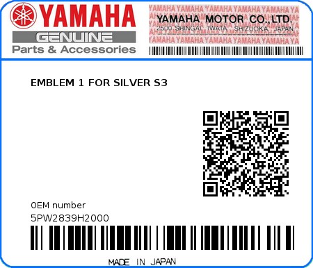 Product image: Yamaha - 5PW2839H2000 - EMBLEM 1 FOR SILVER S3  0