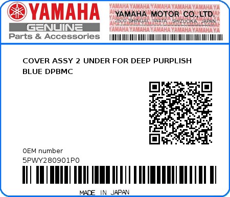 Product image: Yamaha - 5PWY280901P0 - COVER ASSY 2 UNDER FOR DEEP PURPLISH BLUE DPBMC 