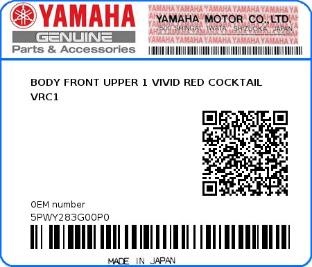 Product image: Yamaha - 5PWY283G00P0 - BODY FRONT UPPER 1 VIVID RED COCKTAIL VRC1 