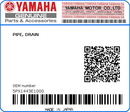 Product image: Yamaha - 5PX1443E1000 - PIPE, DRAIN 