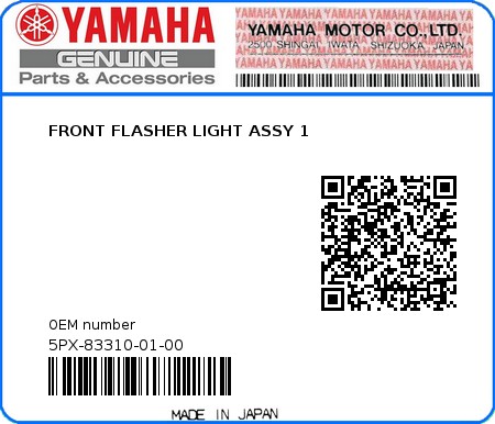 Product image: Yamaha - 5PX-83310-01-00 - FRONT FLASHER LIGHT ASSY 1  0