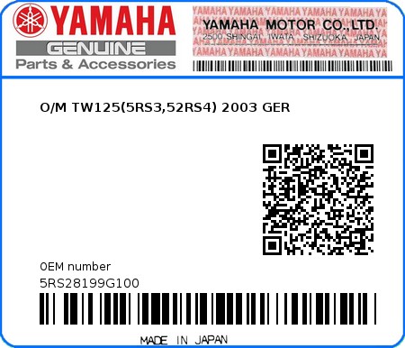 Product image: Yamaha - 5RS28199G100 - O/M TW125(5RS3,52RS4) 2003 GER 