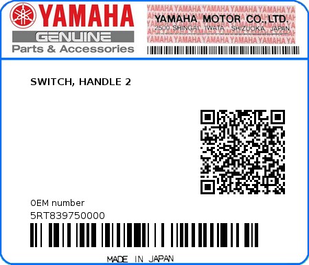 Product image: Yamaha - 5RT839750000 - SWITCH, HANDLE 2 