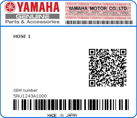 Product image: Yamaha - 5RU1243A1000 - HOSE 1  0