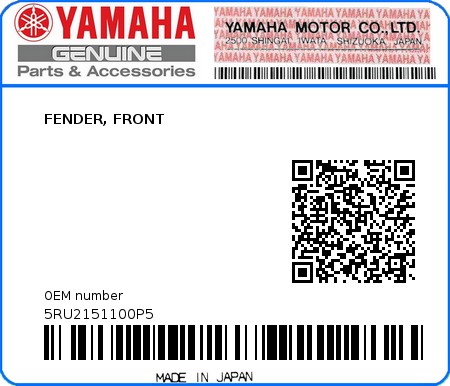 Product image: Yamaha - 5RU2151100P5 - FENDER, FRONT 