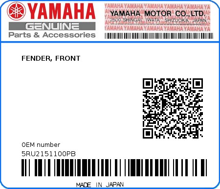 Product image: Yamaha - 5RU2151100PB - FENDER, FRONT 