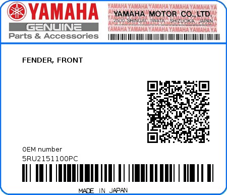 Product image: Yamaha - 5RU2151100PC - FENDER, FRONT 