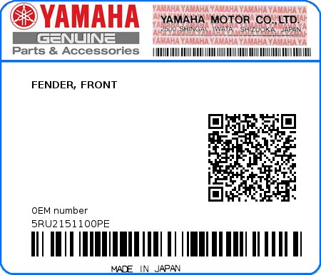 Product image: Yamaha - 5RU2151100PE - FENDER, FRONT 