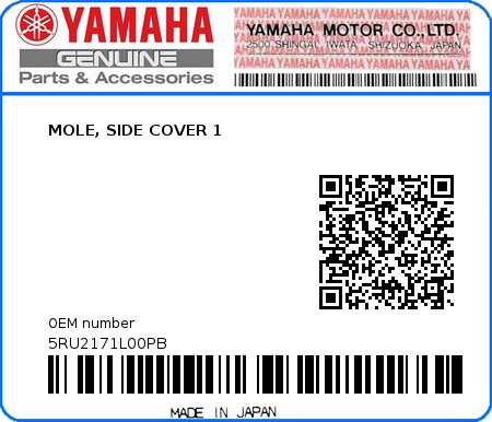 Product image: Yamaha - 5RU2171L00PB - MOLE, SIDE COVER 1 