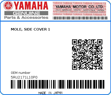 Product image: Yamaha - 5RU2171L10P0 - MOLE, SIDE COVER 1  0