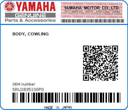 Product image: Yamaha - 5RU2835100P0 - BODY, COWLING  0