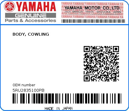 Product image: Yamaha - 5RU2835100PB - BODY, COWLING 