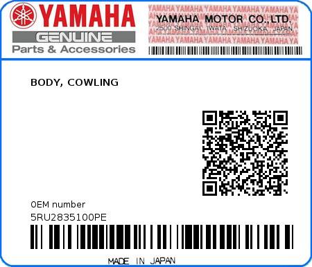 Product image: Yamaha - 5RU2835100PE - BODY, COWLING 