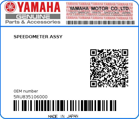 Product image: Yamaha - 5RU835106000 - SPEEDOMETER ASSY 