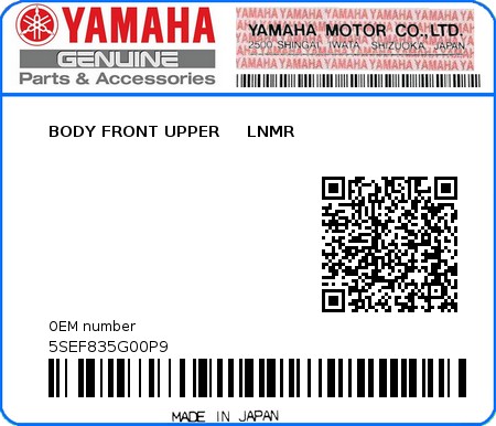 Product image: Yamaha - 5SEF835G00P9 - BODY FRONT UPPER     LNMR  0