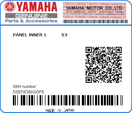 Product image: Yamaha - 5SEF836K00P5 - PANEL INNER 1          S3 