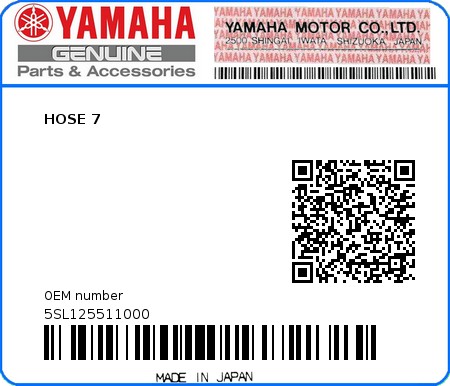 Product image: Yamaha - 5SL125511000 - HOSE 7  0