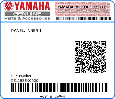 Product image: Yamaha - 5SL2836K0000 - PANEL, INNER 1 