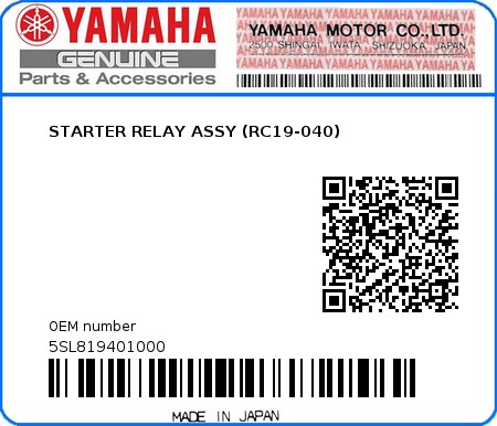Product image: Yamaha - 5SL819401000 - STARTER RELAY ASSY (RC19-040)  0