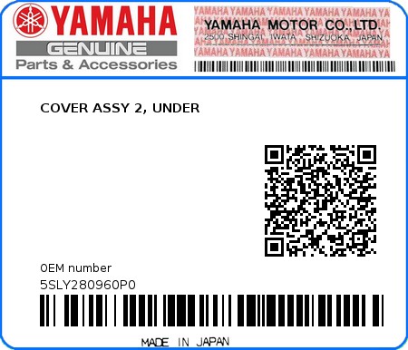 Product image: Yamaha - 5SLY280960P0 - COVER ASSY 2, UNDER 