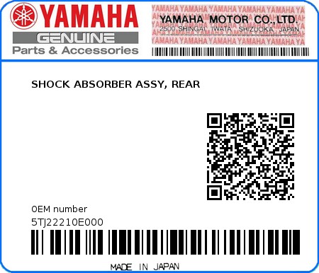 Product image: Yamaha - 5TJ22210E000 - SHOCK ABSORBER ASSY, REAR 