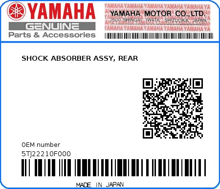 Product image: Yamaha - 5TJ22210F000 - SHOCK ABSORBER ASSY, REAR 