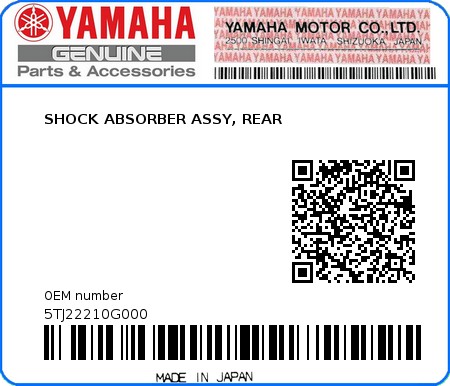 Product image: Yamaha - 5TJ22210G000 - SHOCK ABSORBER ASSY, REAR 