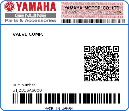 Product image: Yamaha - 5TJ2316A6000 - VALVE COMP. 