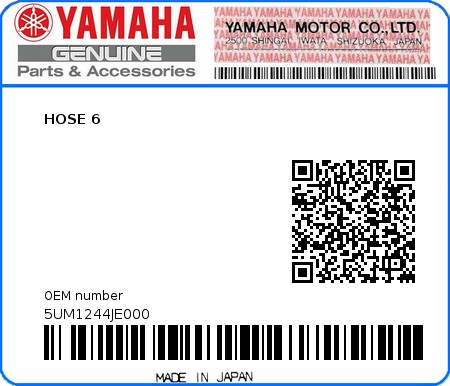 Product image: Yamaha - 5UM1244JE000 - HOSE 6  0