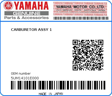 Product image: Yamaha - 5UM14101E000 - CARBURETOR ASSY 1  0