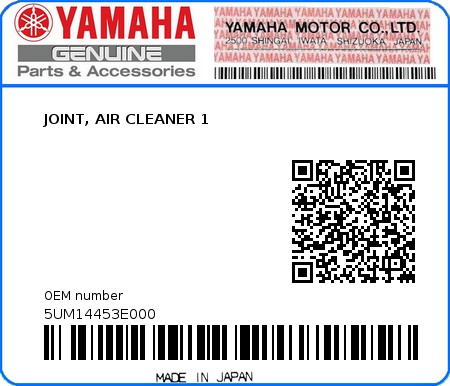 Product image: Yamaha - 5UM14453E000 - JOINT, AIR CLEANER 1  0