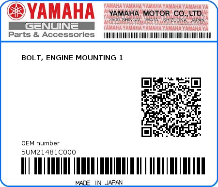 Product image: Yamaha - 5UM21481C000 - BOLT, ENGINE MOUNTING 1  0