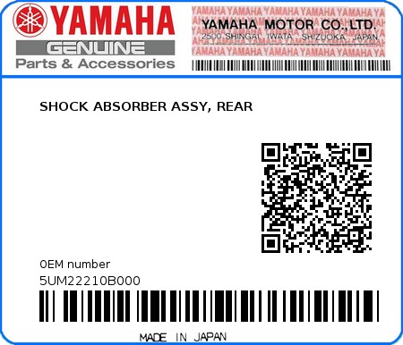 Product image: Yamaha - 5UM22210B000 - SHOCK ABSORBER ASSY, REAR 