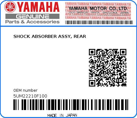 Product image: Yamaha - 5UM22210F100 - SHOCK ABSORBER ASSY, REAR 