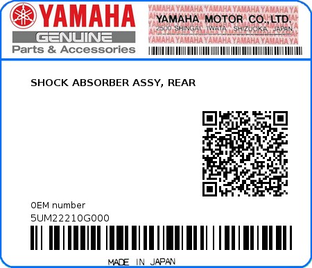 Product image: Yamaha - 5UM22210G000 - SHOCK ABSORBER ASSY, REAR 