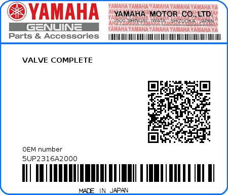 Product image: Yamaha - 5UP2316A2000 - VALVE COMPLETE  0