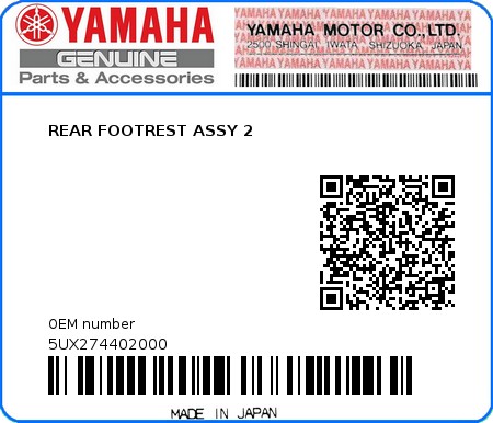 Product image: Yamaha - 5UX274402000 - REAR FOOTREST ASSY 2  0