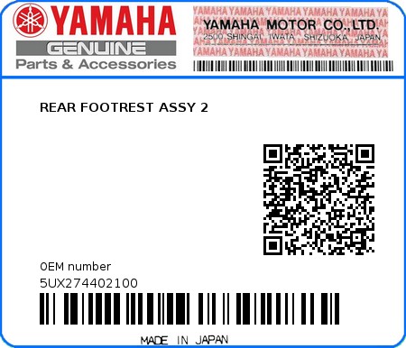 Product image: Yamaha - 5UX274402100 - REAR FOOTREST ASSY 2  0