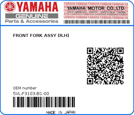 Product image: Yamaha - 5VL-F3103-B1-00 - FRONT FORK ASSY (R.H)  0