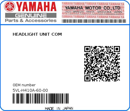 Product image: Yamaha - 5VL-H410A-60-00 - HEADLIGHT UNIT COM 