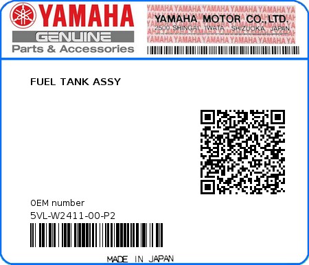 Product image: Yamaha - 5VL-W2411-00-P2 - FUEL TANK ASSY  0